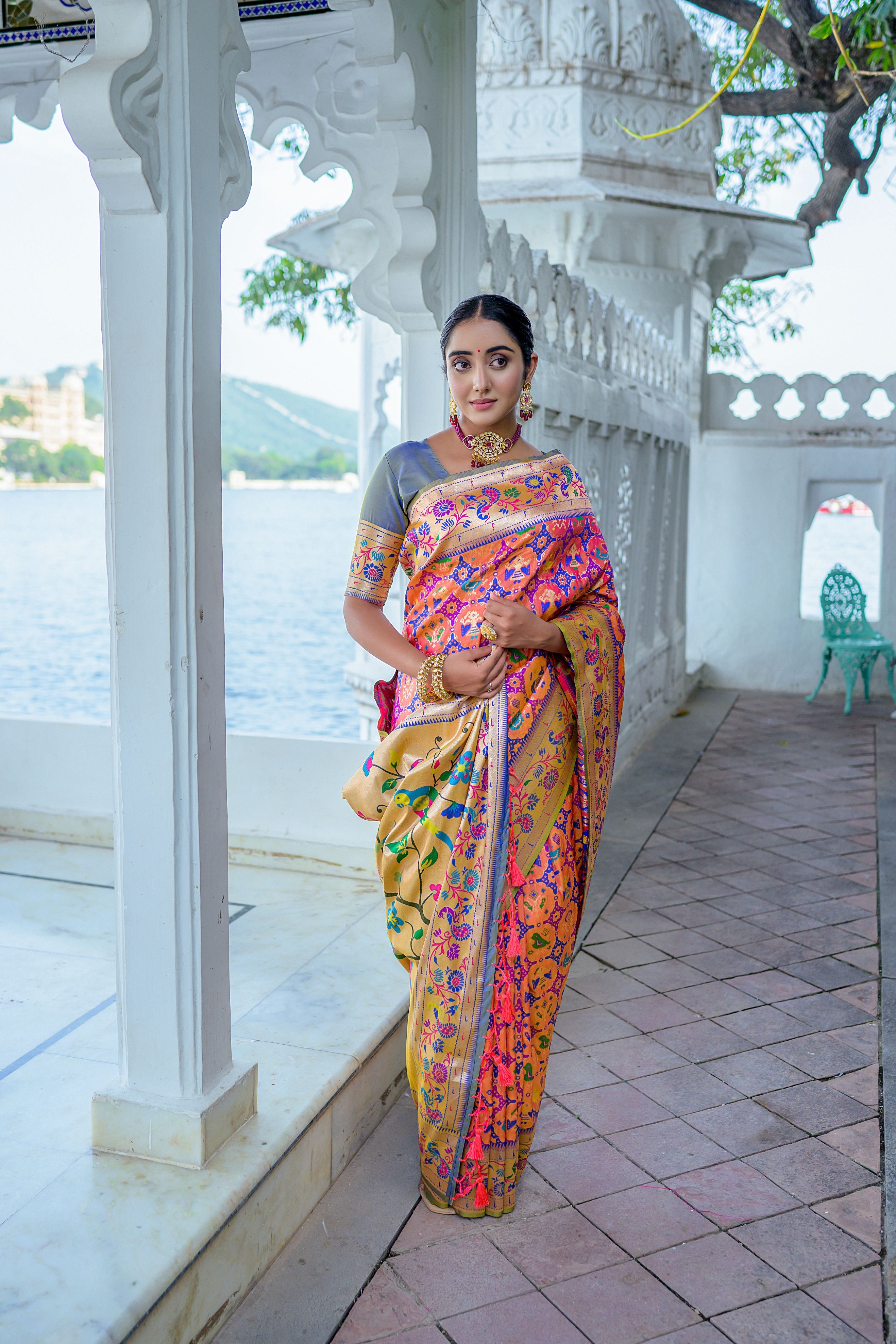 Vsaree Orange Soft Paithani Silk Saree with Rich Pallu Contras Border And Blouse Piece For  Women