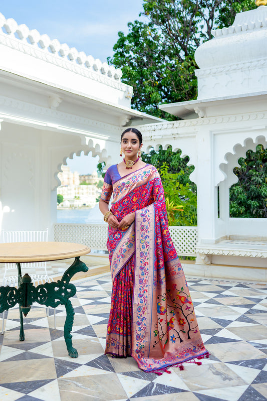 Vsaree Red Soft Paithani Silk Saree with Rich Pallu Contras Border And Blouse Piece For  Women