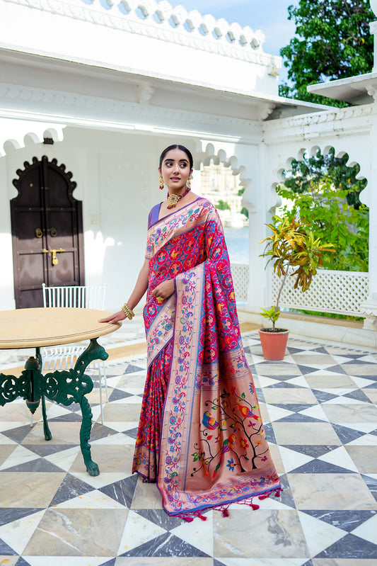 Vsaree Red Soft Paithani Silk Saree with Rich Pallu Contras Border And Blouse Piece For  Women