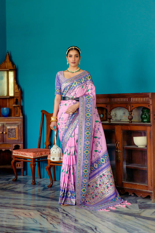 Vsaree Light Purple Soft Banarasi Silk Paithani Saree with Zari Weaving Pattern With Contrast Border And Rich Pallu With Contrast Blouse