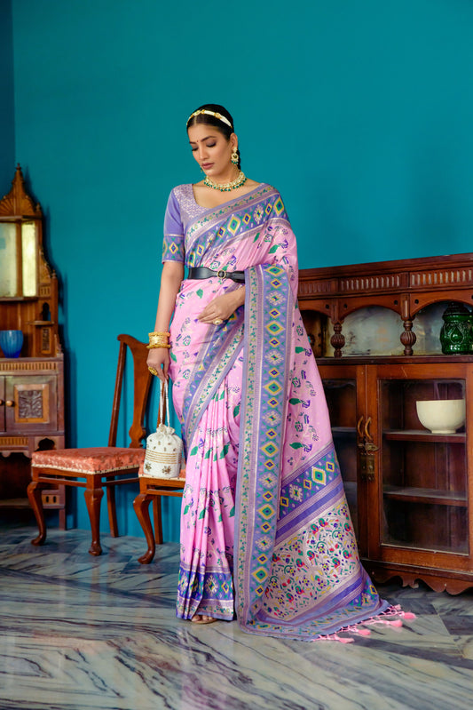 Vsaree Light Purple Soft Banarasi Silk Paithani Saree with Zari Weaving Pattern With Contrast Border And Rich Pallu With Contrast Blouse