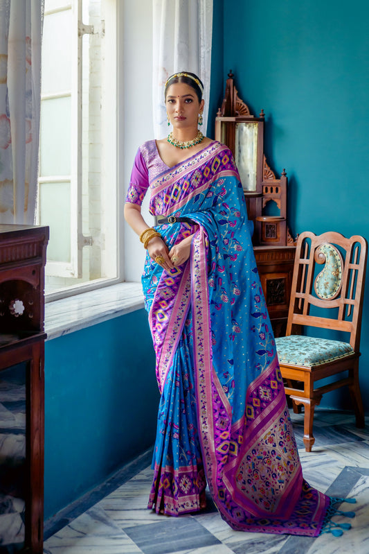 Vsaree Sea Blue Soft Banarasi Silk Paithani Saree with Zari Weaving Pattern With Contrast Border And Rich Pallu With Contrast Blouse