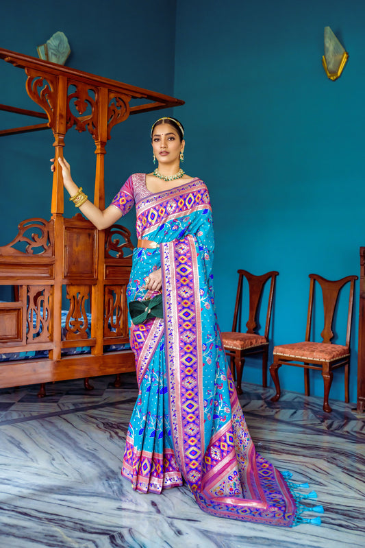 Vsaree Teal Soft Banarasi Silk Paithani Saree with Zari Weaving Pattern With Contrast Border And Rich Pallu With Contrast Blouse