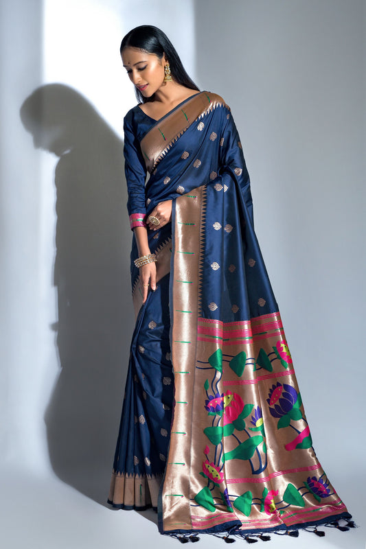 Vsaree Blue Soft Banarasi Silk Paithani Saree with Zari Weaving Pattern With Contrast Border And Rich Pallu With Contrast Blouse