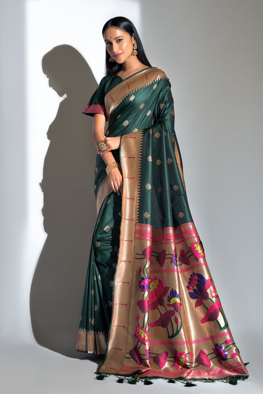 Vsaree Green Soft Banarasi Silk Paithani Saree with Zari Weaving Pattern With Contrast Border And Rich Pallu With Contrast Blouse