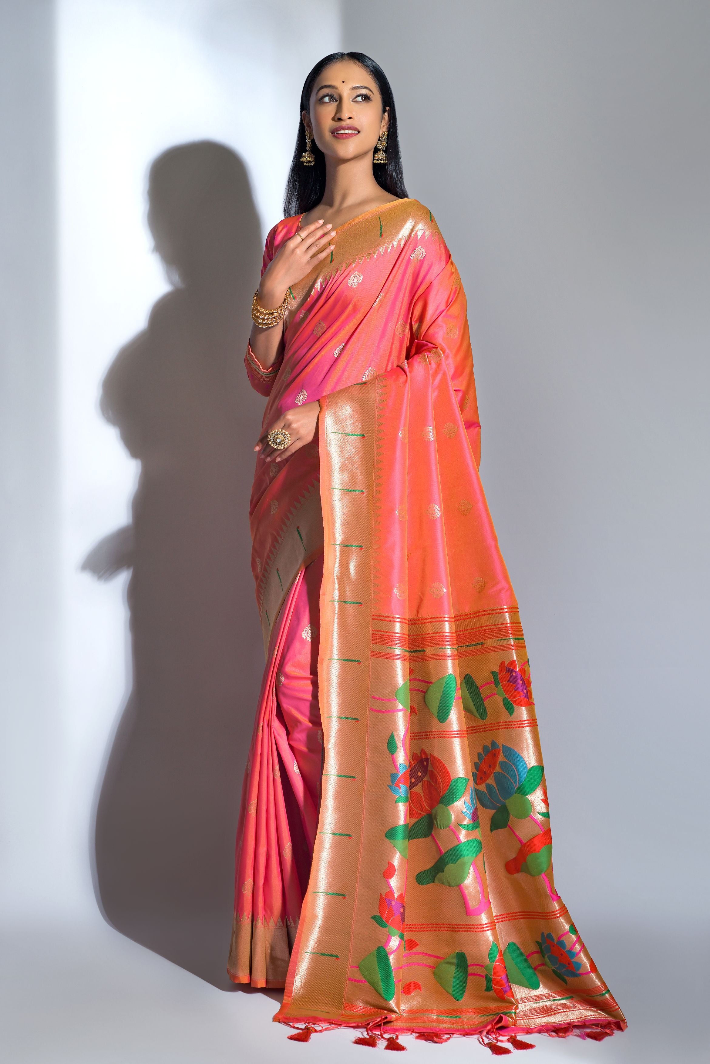 Vsaree Orange Soft Banarasi Silk Paithani Saree with Zari Weaving Pattern With Contrast Border And Rich Pallu With Contrast Blouse