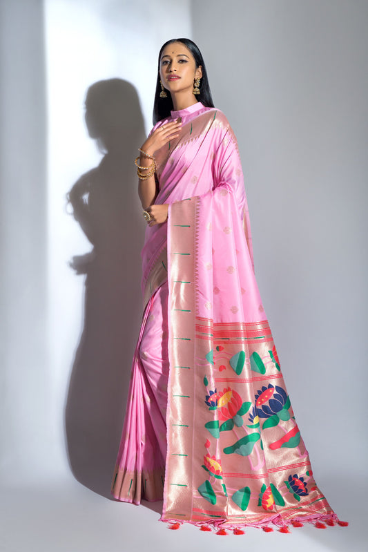 Vsaree Pink Soft Banarasi Silk Paithani Saree with Zari Weaving Pattern With Contrast Border And Rich Pallu With Contrast Blouse