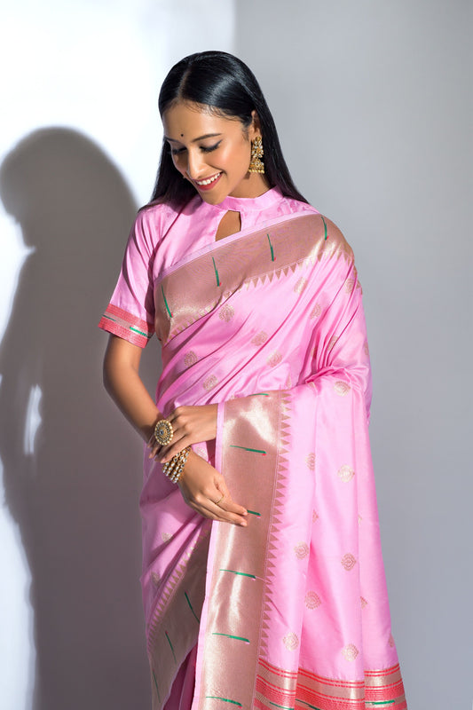 Vsaree Pink Soft Banarasi Silk Paithani Saree with Zari Weaving Pattern With Contrast Border And Rich Pallu With Contrast Blouse