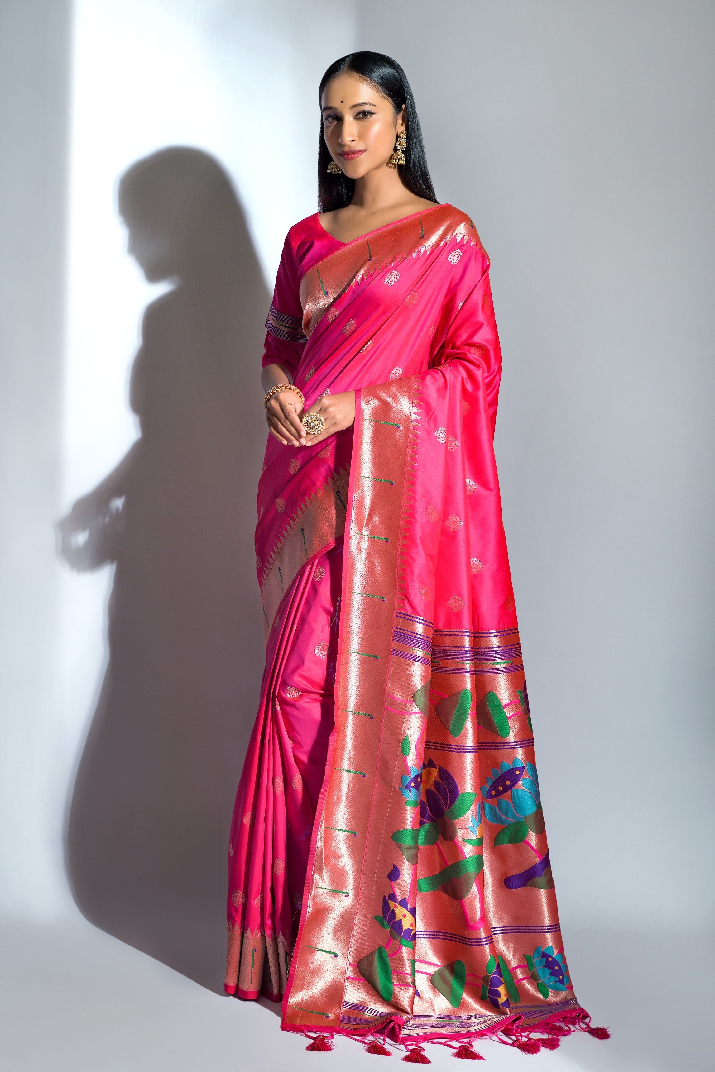 Vsaree Rani Pink Soft Banarasi Silk Paithani Saree with Zari Weaving Pattern With Contrast Border And Rich Pallu With Contrast Blouse