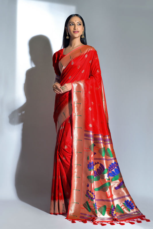 Vsaree Red Soft Banarasi Silk Paithani Saree with Zari Weaving Pattern With Contrast Border And Rich Pallu With Contrast Blouse