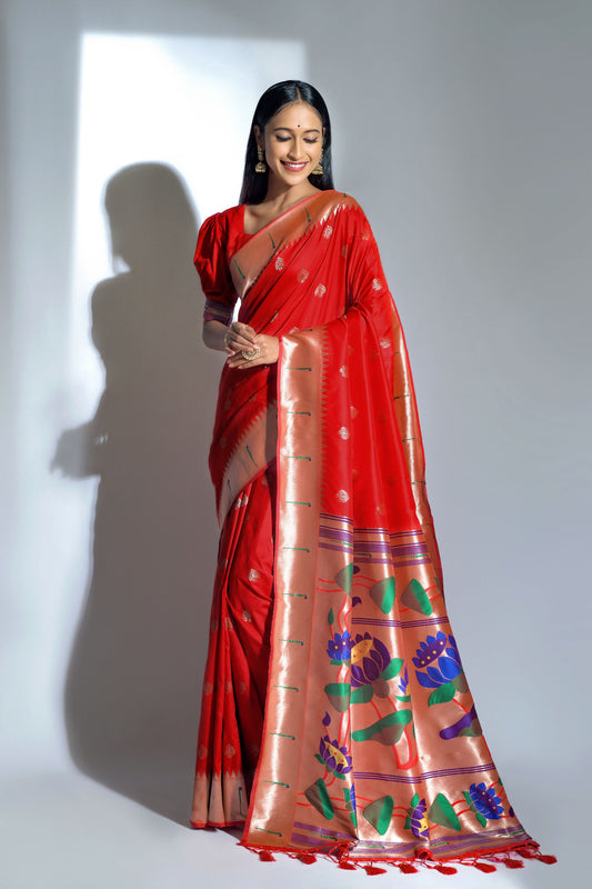 Vsaree Red Soft Banarasi Silk Paithani Saree with Zari Weaving Pattern With Contrast Border And Rich Pallu With Contrast Blouse