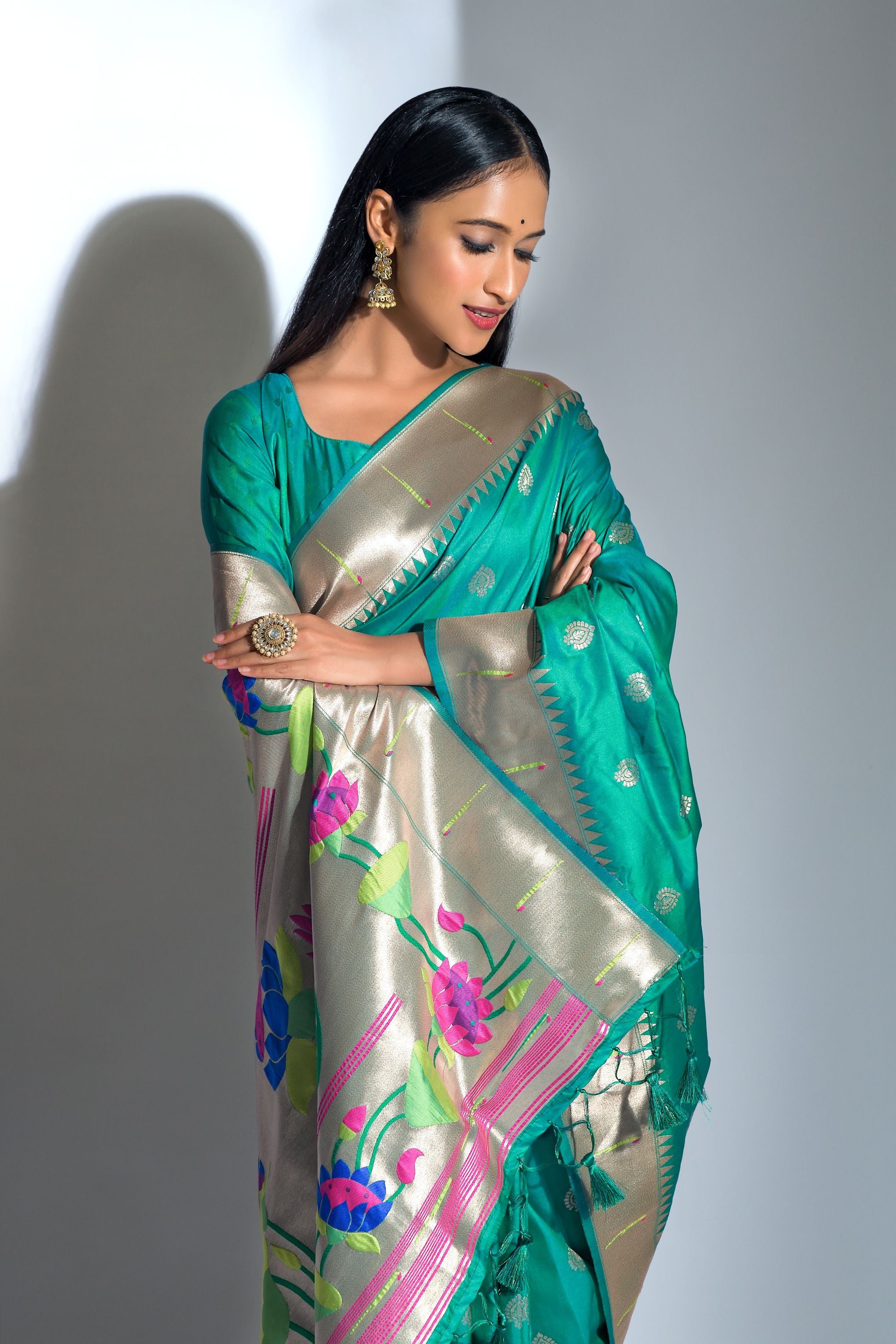 Vsaree Teal Soft Banarasi Silk Paithani Saree with Zari Weaving Pattern With Contrast Border And Rich Pallu With Contrast Blouse