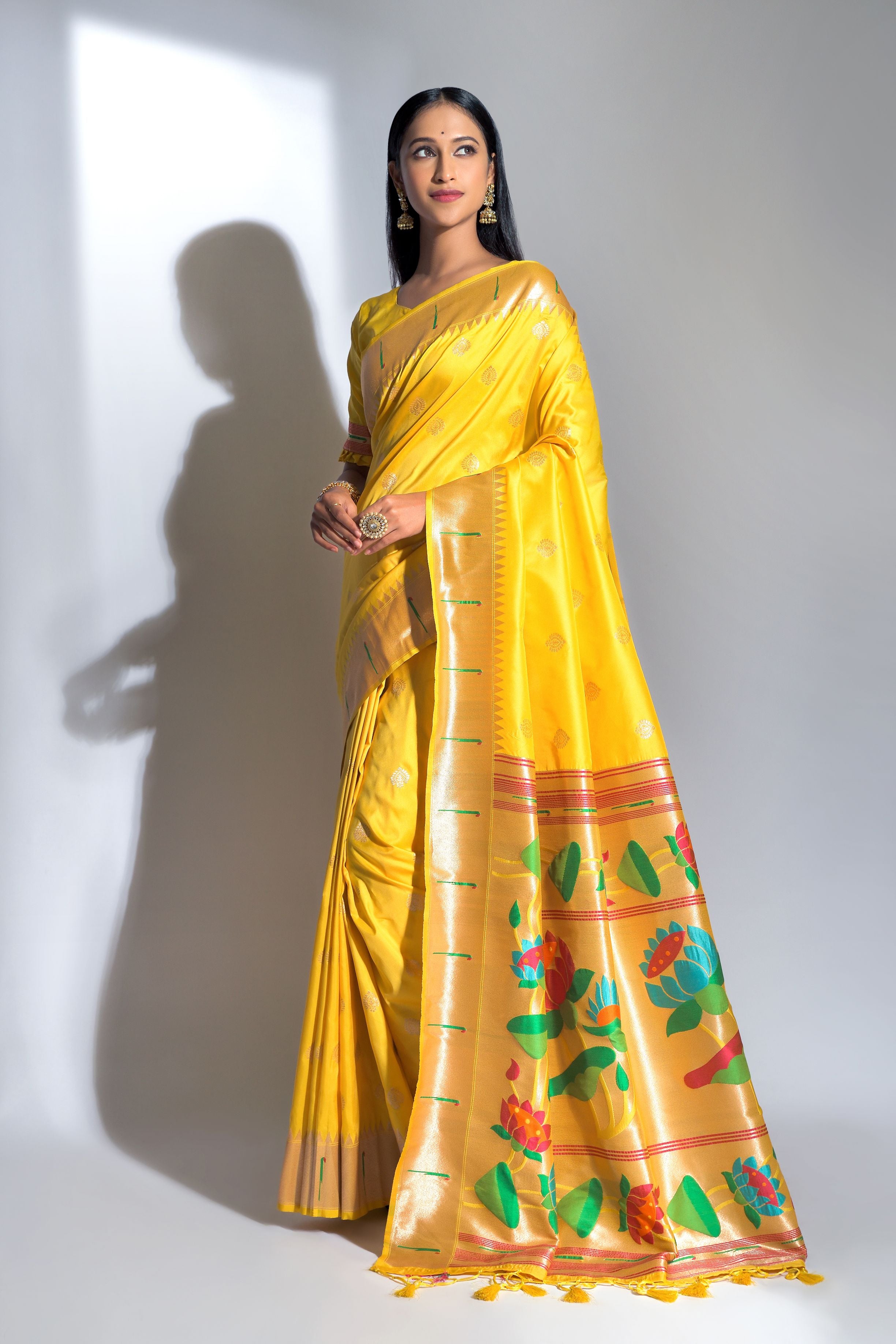 Vsaree Yellow Soft Banarasi Silk Paithani Saree with Zari Weaving Pattern With Contrast Border And Rich Pallu With Contrast Blouse