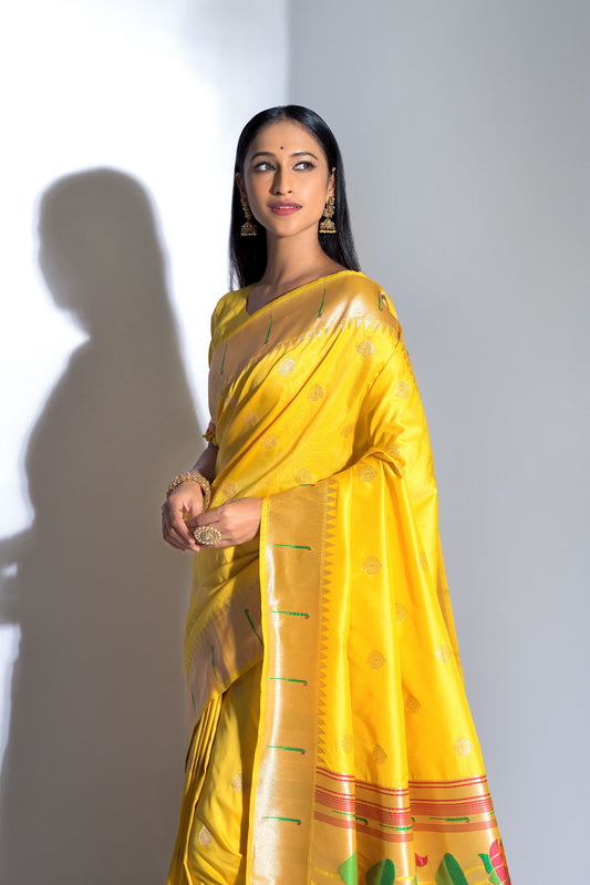 Vsaree Yellow Soft Banarasi Silk Paithani Saree with Zari Weaving Pattern With Contrast Border And Rich Pallu With Contrast Blouse