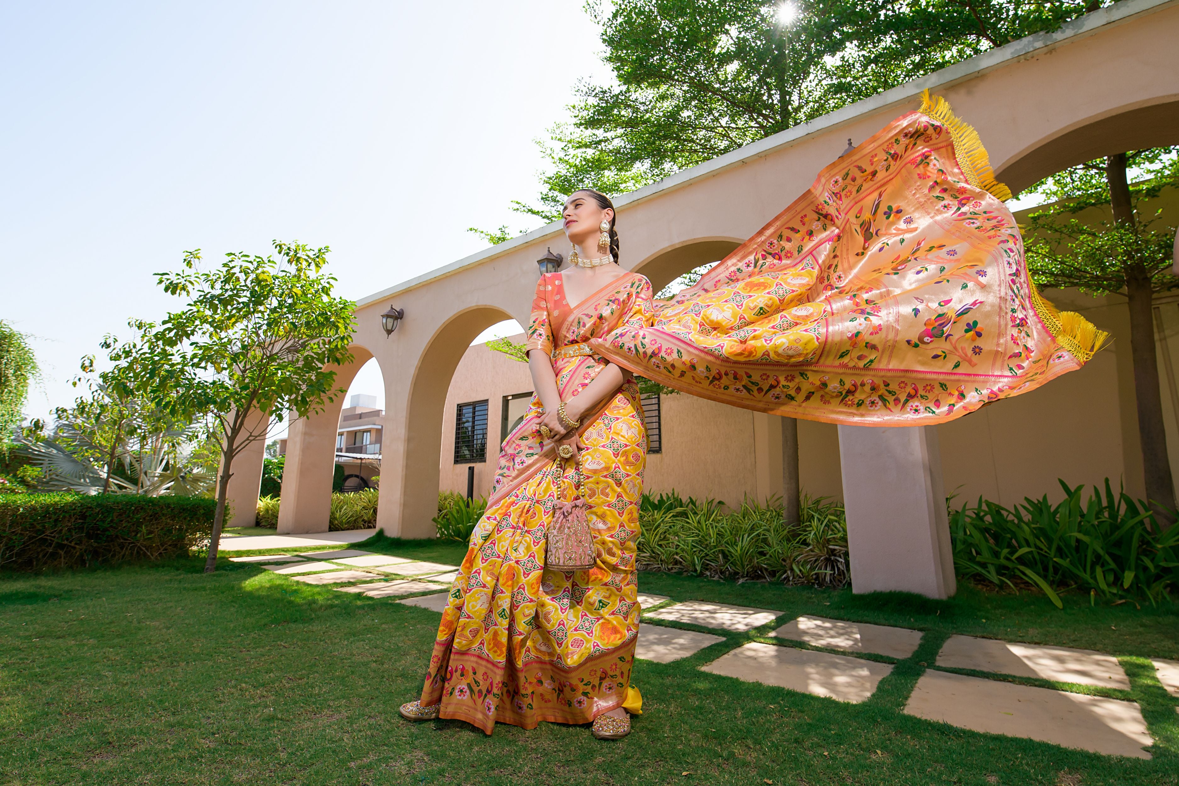 Vsaree Yellow Soft Banarasi Silk Paithani Saree with Zari Weaving Pattern With Contrast Border And Rich Pallu With Contrast Blouse