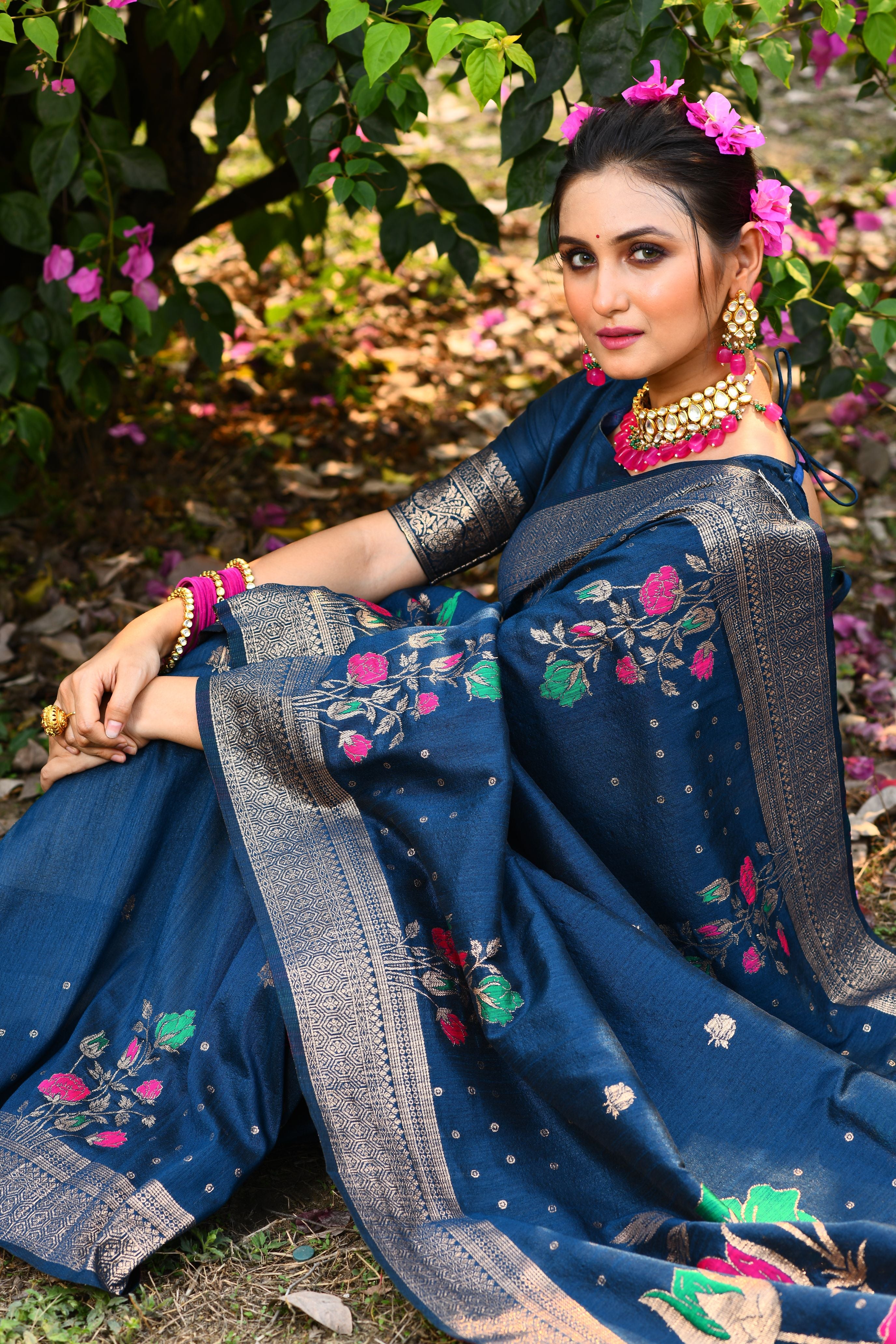 Vsaree Blue Tussar Silk Saree with Traditional Beautiful Madhubani Print On Pallu And Blouse