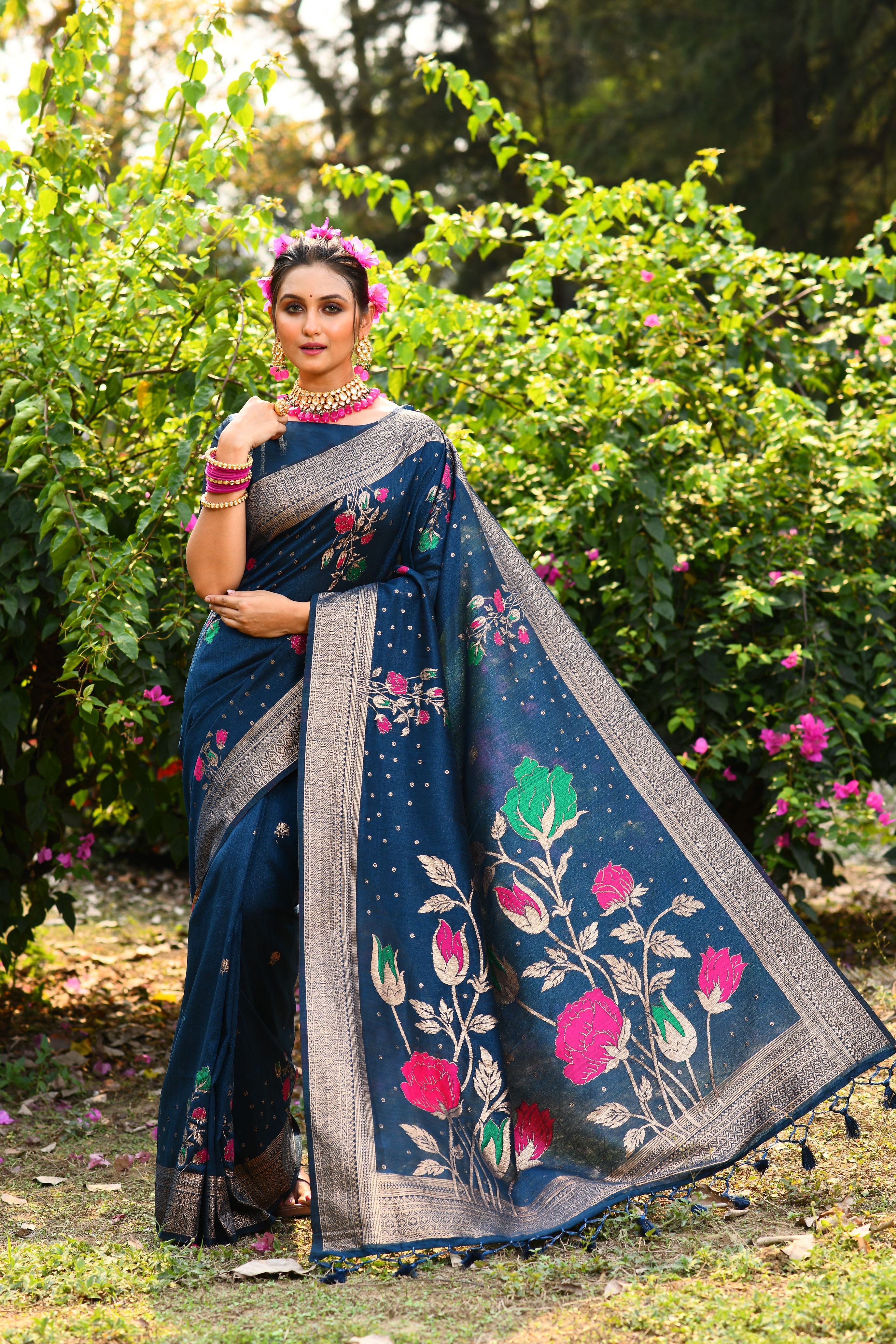 Vsaree Blue Tussar Silk Saree with Traditional Beautiful Madhubani Print On Pallu And Blouse