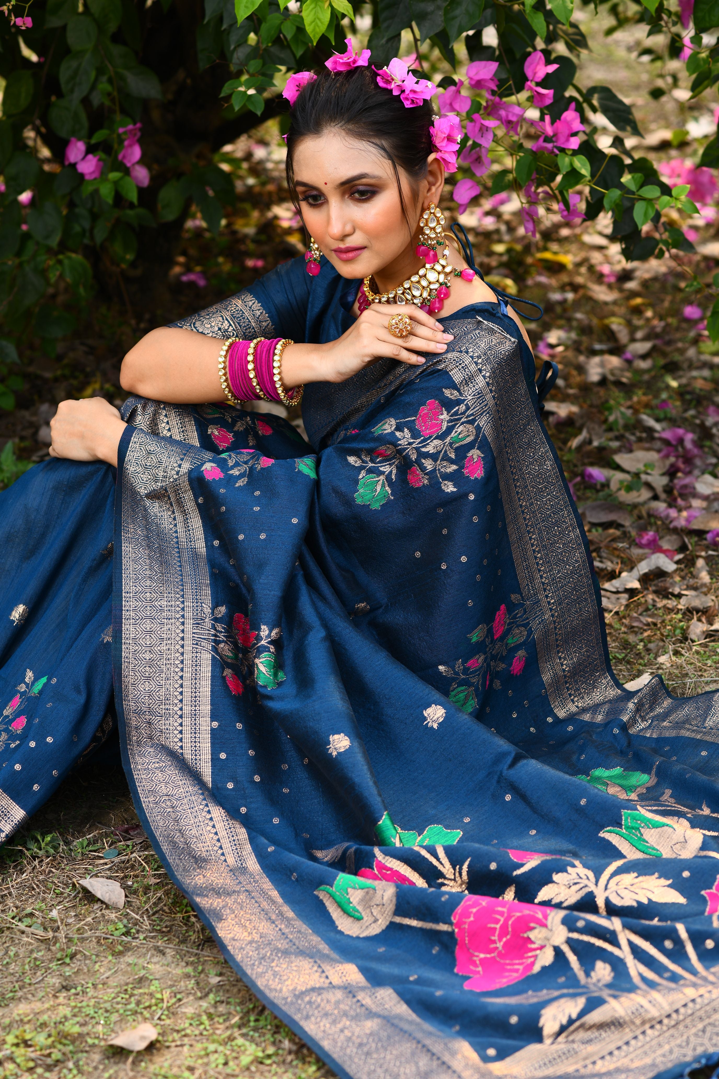 Vsaree Blue Tussar Silk Saree with Traditional Beautiful Madhubani Print On Pallu And Blouse