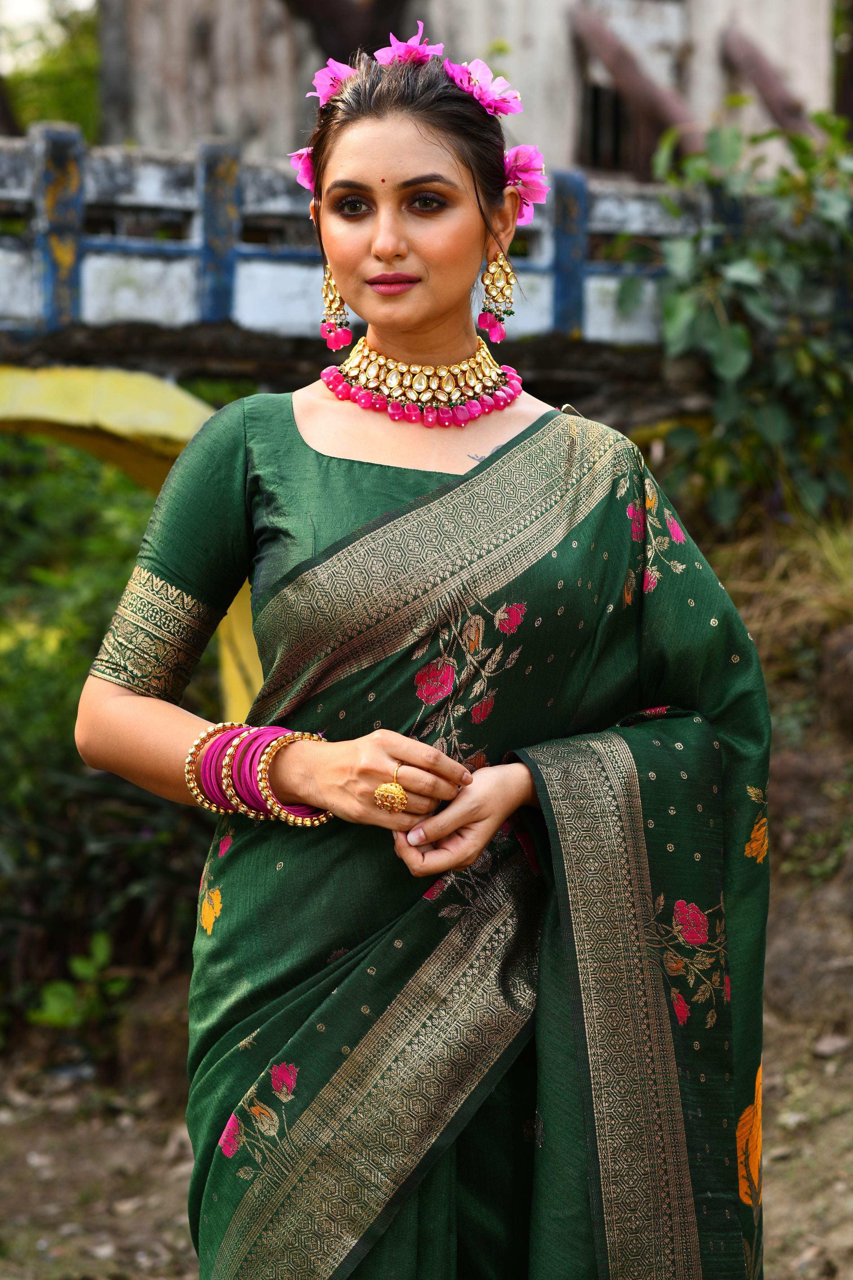 Vsaree Green Tussar Silk Saree with Traditional Beautiful Madhubani Print On Pallu And Blouse