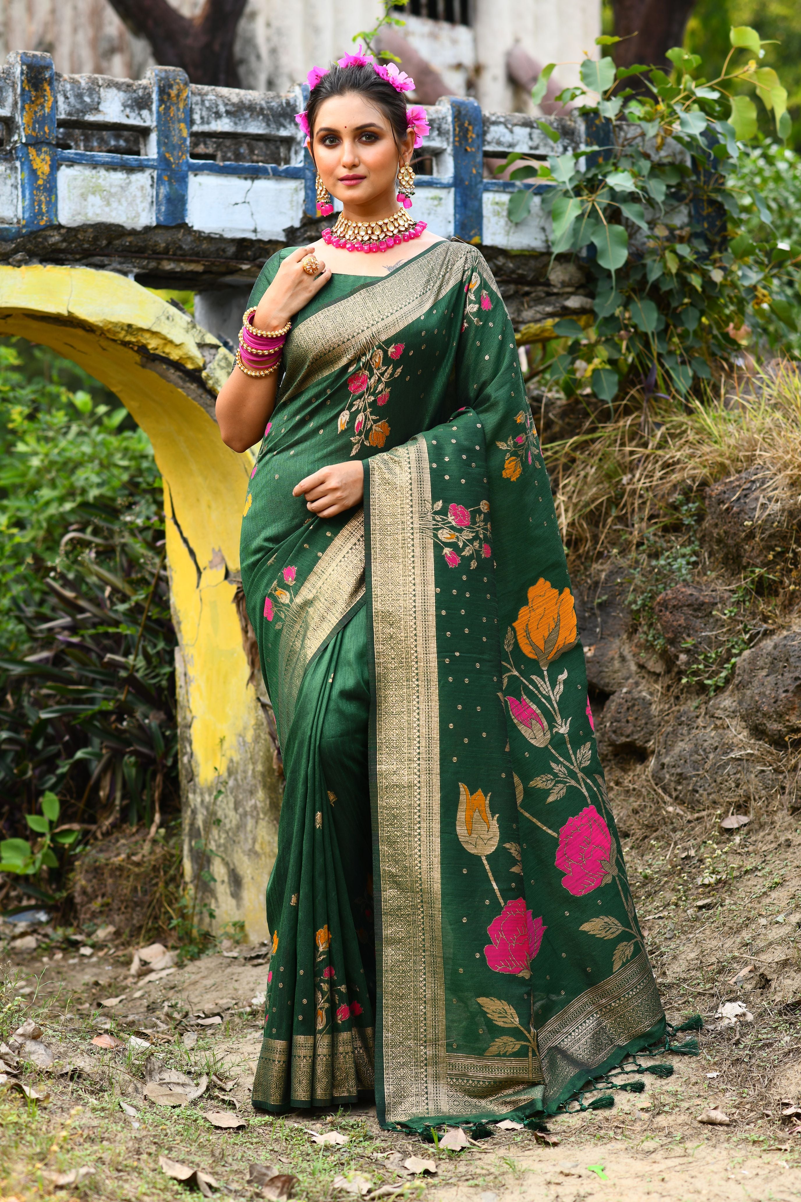 Vsaree Green Tussar Silk Saree with Traditional Beautiful Madhubani Print On Pallu And Blouse