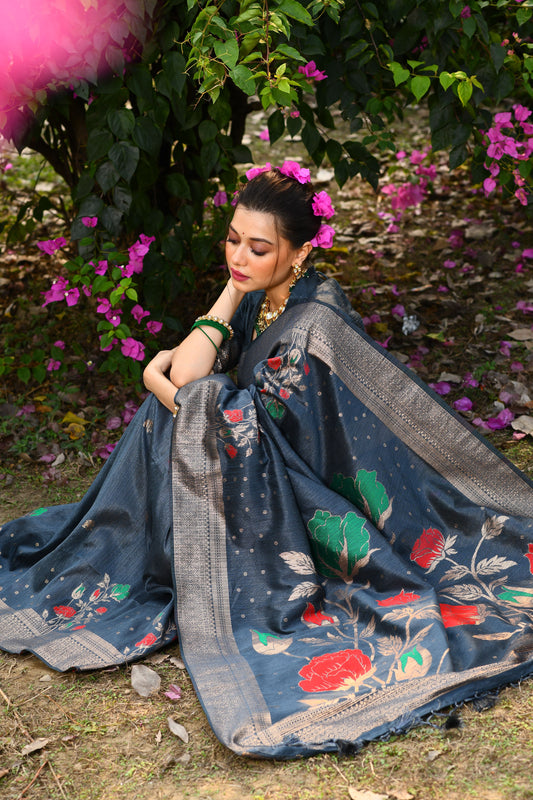 Vsaree Grey Tussar Silk Saree with Traditional Beautiful Madhubani Print On Pallu And Blouse