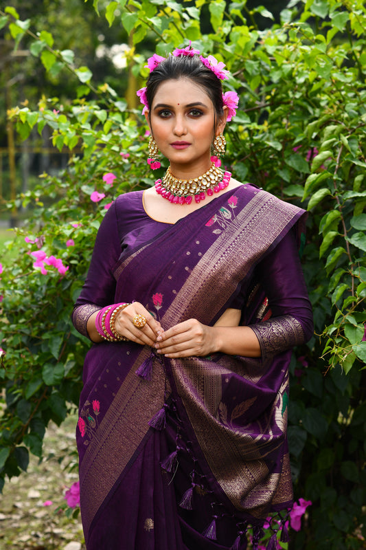 Vsaree Purple Tussar Silk Saree with Traditional Beautiful Madhubani Print On Pallu And Blouse