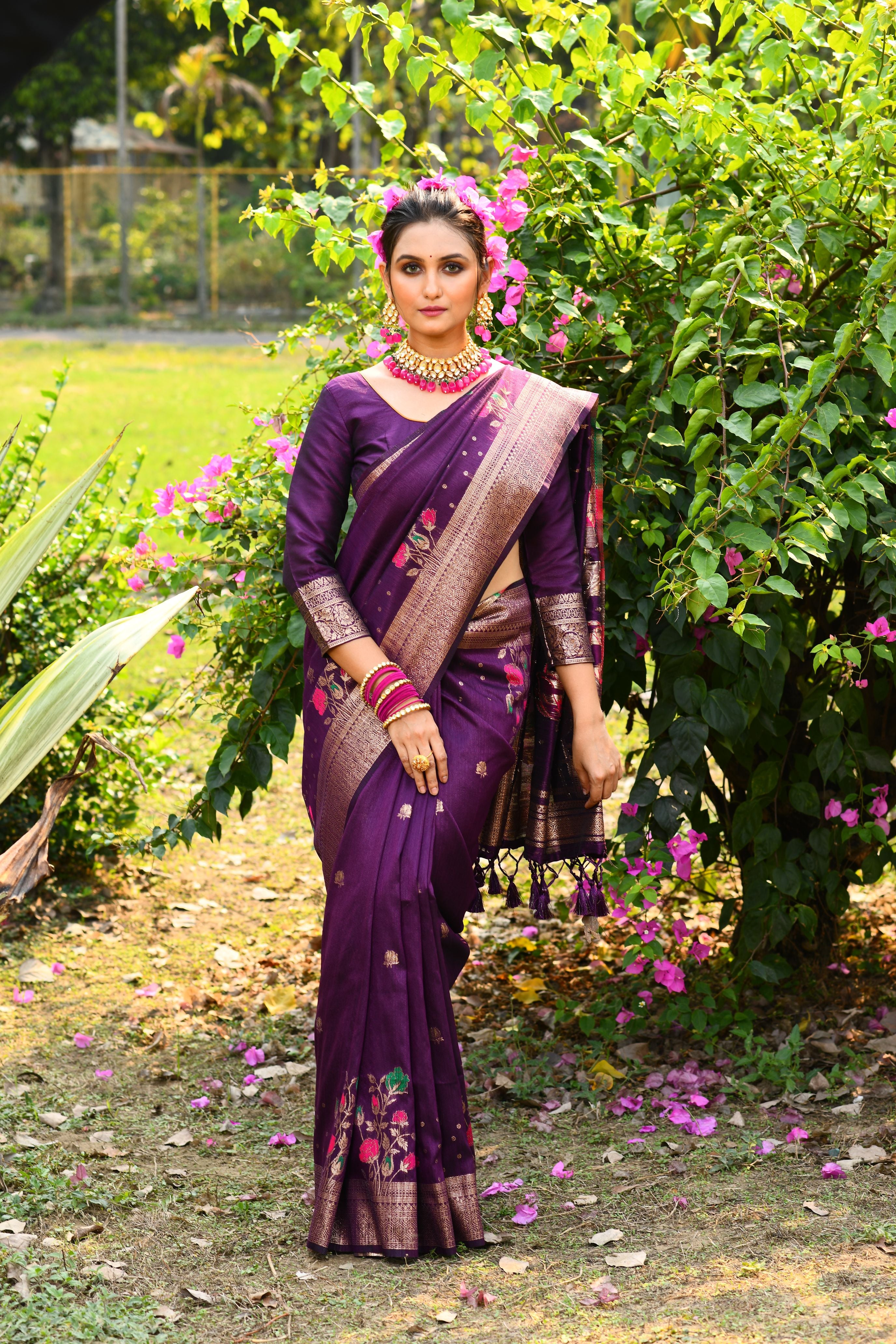 Vsaree Purple Tussar Silk Saree with Traditional Beautiful Madhubani Print On Pallu And Blouse