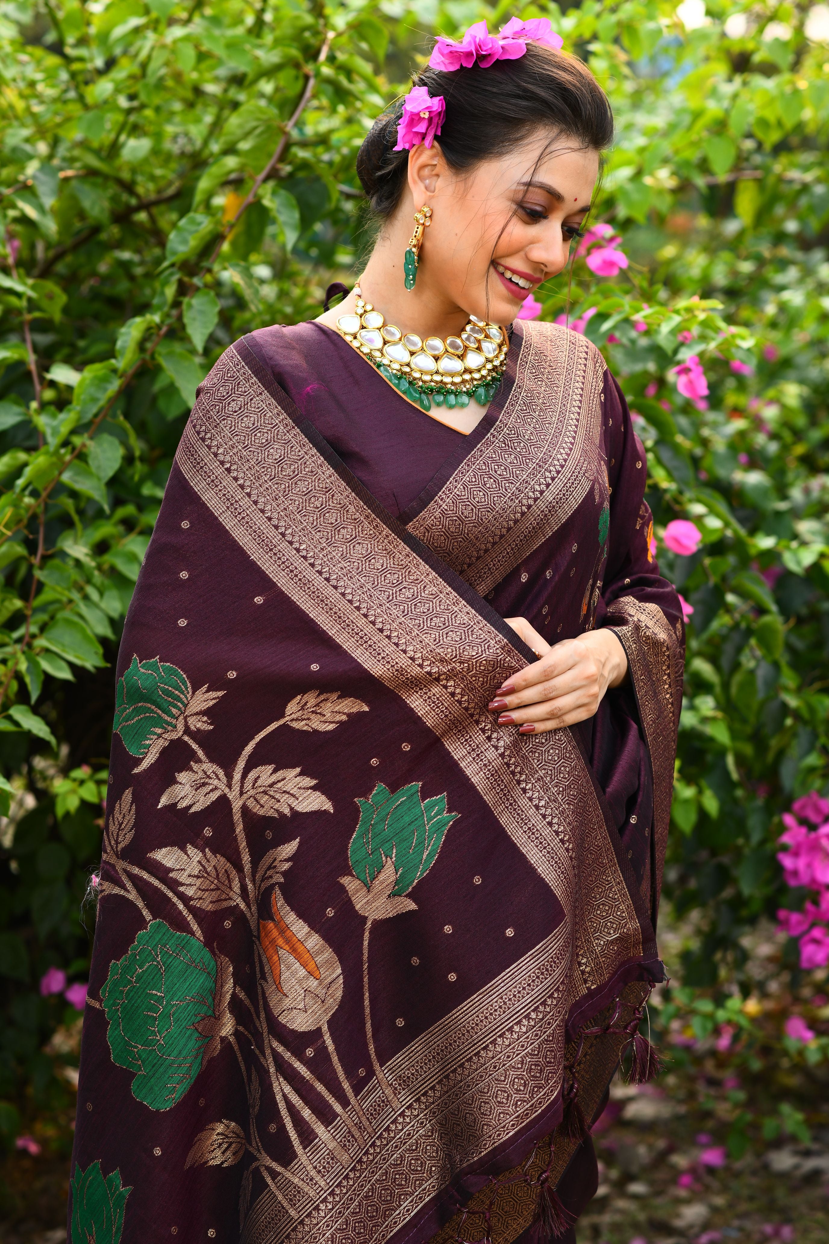 Vsaree Wine Tussar Silk Saree with Traditional Beautiful Madhubani Print On Pallu And Blouse