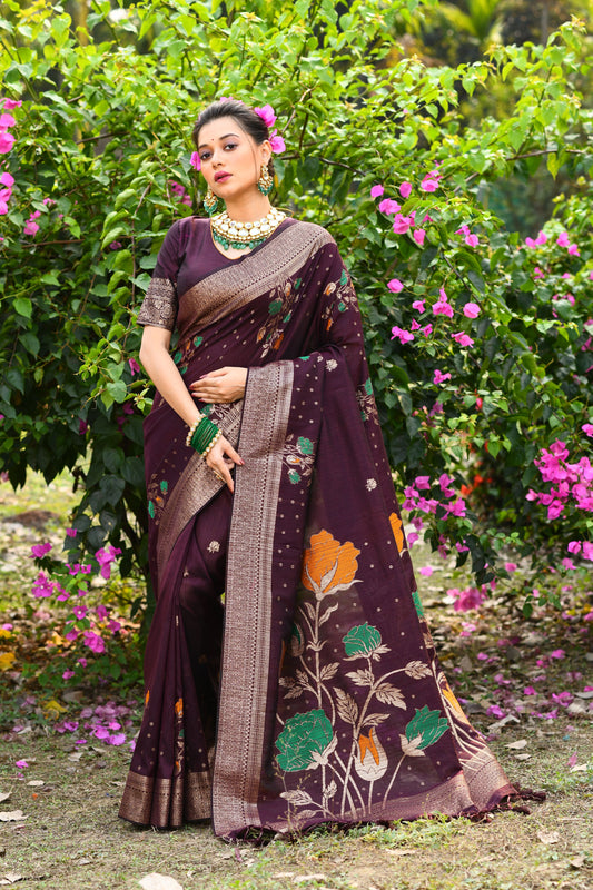 Vsaree Wine Tussar Silk Saree with Traditional Beautiful Madhubani Print On Pallu And Blouse