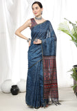 Vsaree Blue Linen Cotton Saree And Bandhani Prints And Woven Border And Fancy Pallu With Blouse For Women