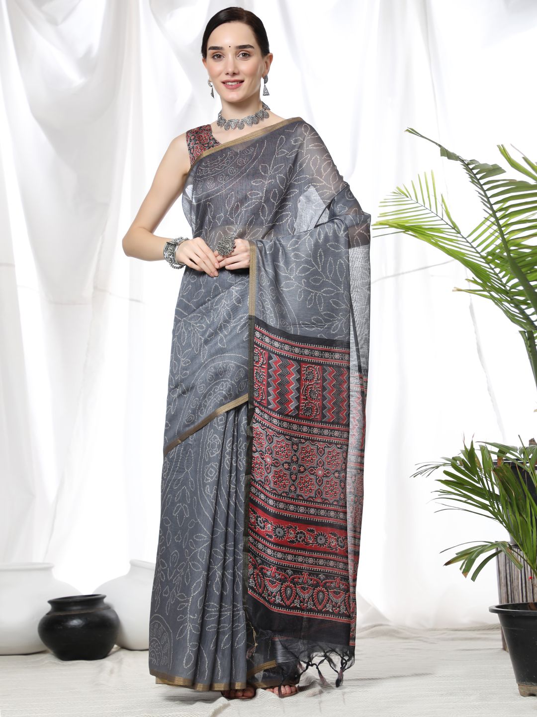 Vsaree Grey Linen Cotton Saree And Bandhani Prints And Woven Border And Fancy Pallu With Blouse For Women