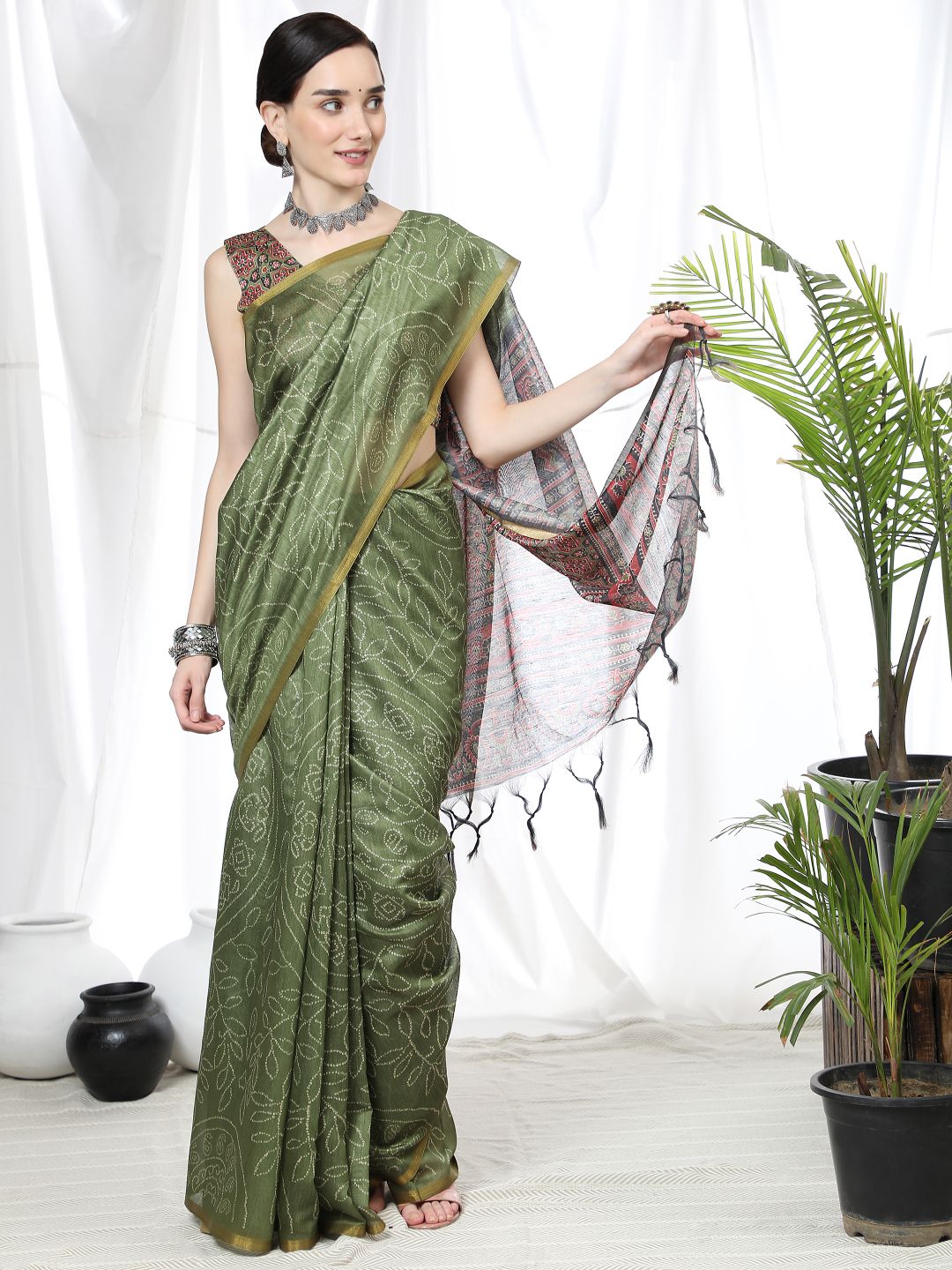 Vsaree Olive Linen Cotton Saree And Bandhani Prints And Woven Border And Fancy Pallu With Blouse For Women