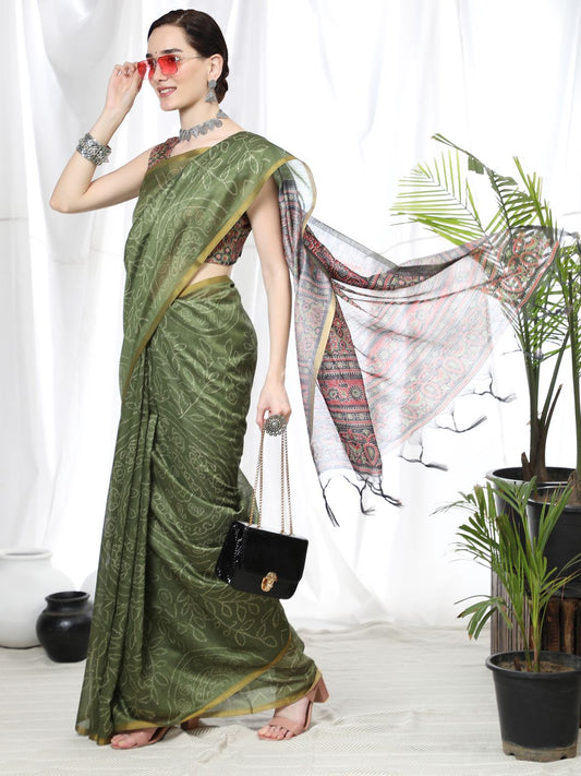 Vsaree Olive Linen Cotton Saree And Bandhani Prints And Woven Border And Fancy Pallu With Blouse For Women