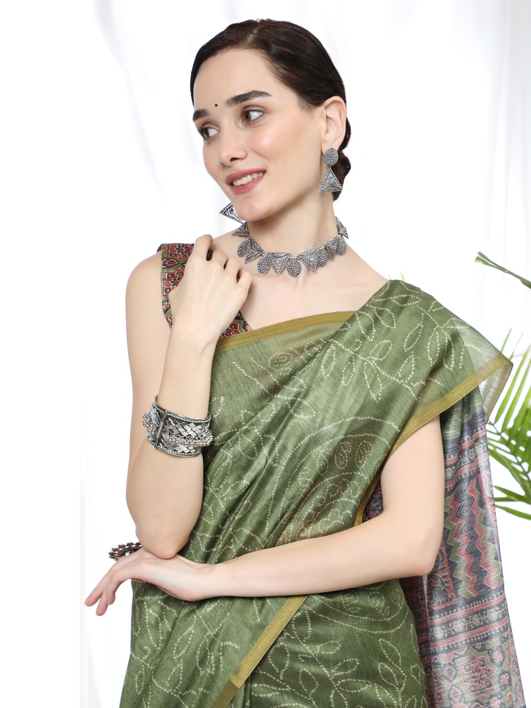 Vsaree Olive Linen Cotton Saree And Bandhani Prints And Woven Border And Fancy Pallu With Blouse For Women