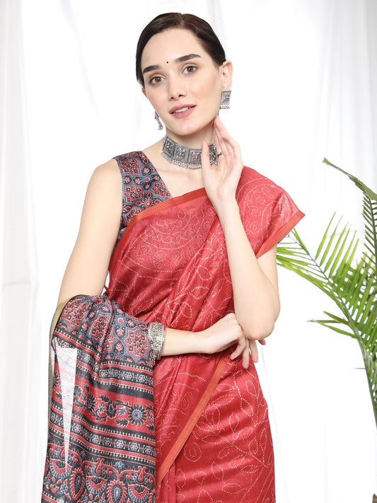 Vsaree Red Linen Cotton Saree And Bandhani Prints And Woven Border And Fancy Pallu With Blouse For Women