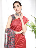 Vsaree Red Linen Cotton Saree And Bandhani Prints And Woven Border And Fancy Pallu With Blouse For Women