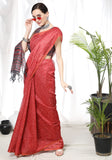 Vsaree Red Linen Cotton Saree And Bandhani Prints And Woven Border And Fancy Pallu With Blouse For Women