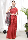 Vsaree Red Linen Cotton Saree And Bandhani Prints And Woven Border And Fancy Pallu With Blouse For Women