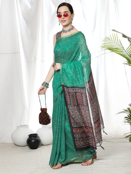 Vsaree Sea Green  Linen Cotton Saree And Bandhani Prints And Woven Border And Fancy Pallu With Blouse For Women