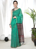 Vsaree Sea Green  Linen Cotton Saree And Bandhani Prints And Woven Border And Fancy Pallu With Blouse For Women