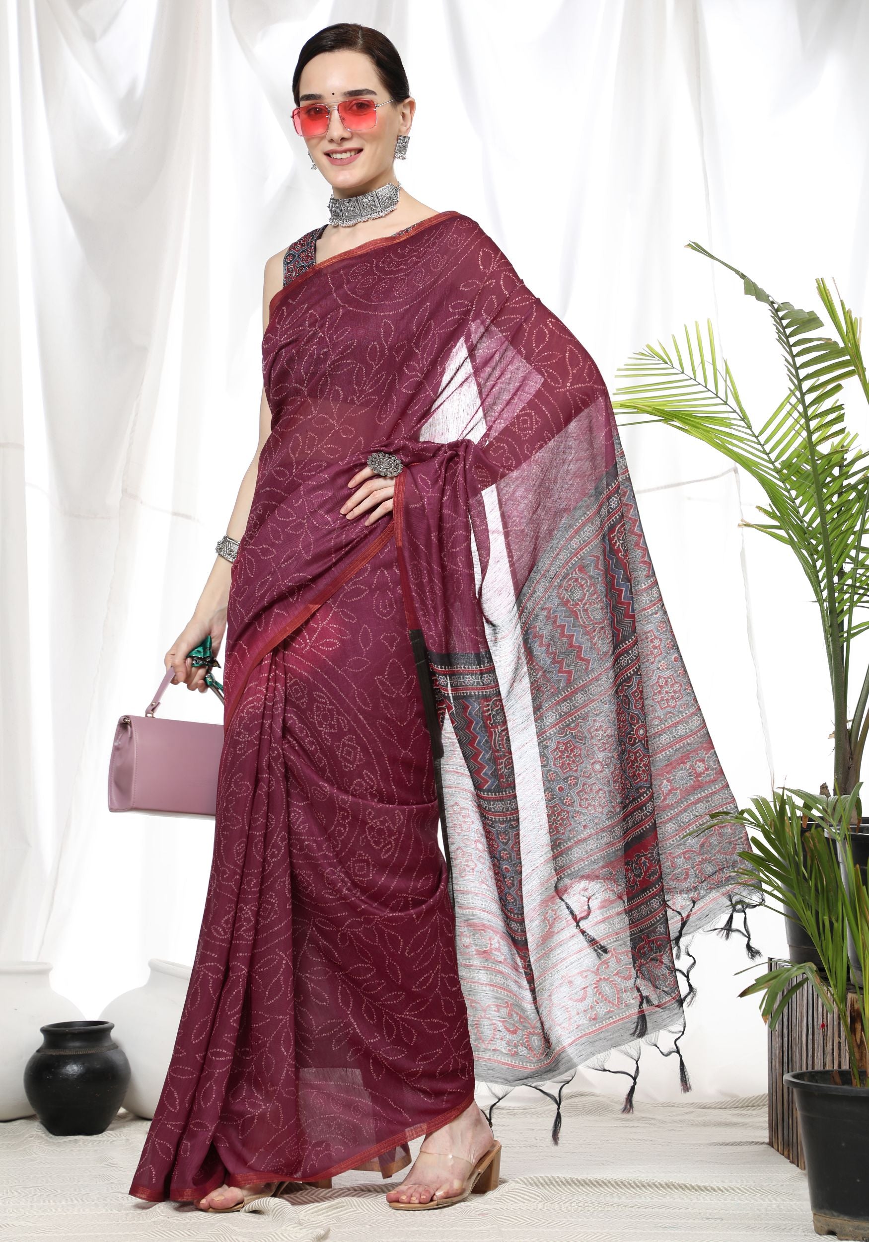 Vsaree Wine  Linen Cotton Saree And Bandhani Prints And Woven Border And Fancy Pallu With Blouse For Women