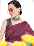 Vsaree Wine  Linen Cotton Saree And Bandhani Prints And Woven Border And Fancy Pallu With Blouse For Women