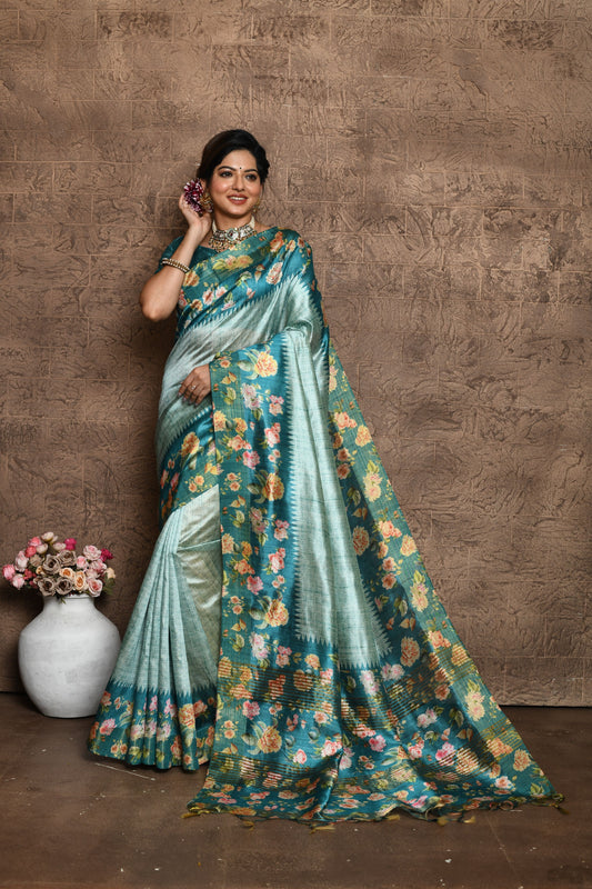 Vsaree Dark Teal  Tussar Silk Saree  Beautiful Print And Contrat Pallu And Border With Contrast Blouse