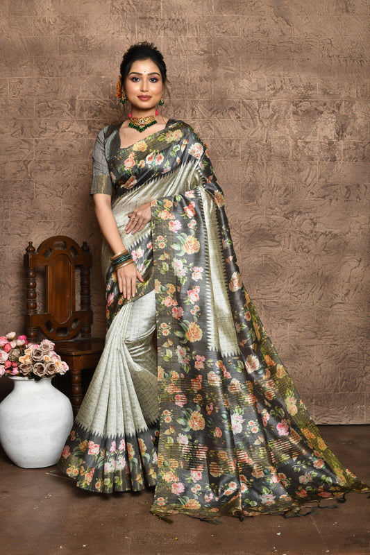 Vsaree Grey Tussar Silk Saree  Beautiful Print And Contrat Pallu And Border With Contrast Blouse