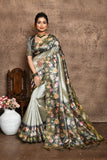 Vsaree Grey Tussar Silk Saree  Beautiful Print And Contrat Pallu And Border With Contrast Blouse