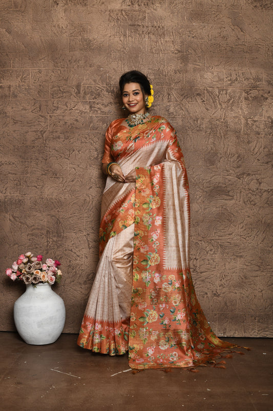 Vsaree Peach Tussar Silk Saree  Beautiful Print And Contrat Pallu And Border With Contrast Blouse