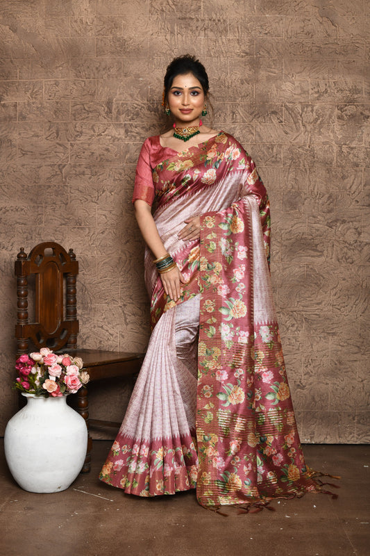 Vsaree Pink Tussar Silk Saree  Beautiful Print And Contrat Pallu And Border With Contrast Blouse