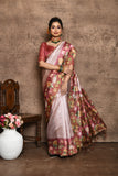 Vsaree Pink Tussar Silk Saree  Beautiful Print And Contrat Pallu And Border With Contrast Blouse