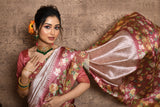 Vsaree Pink Tussar Silk Saree  Beautiful Print And Contrat Pallu And Border With Contrast Blouse