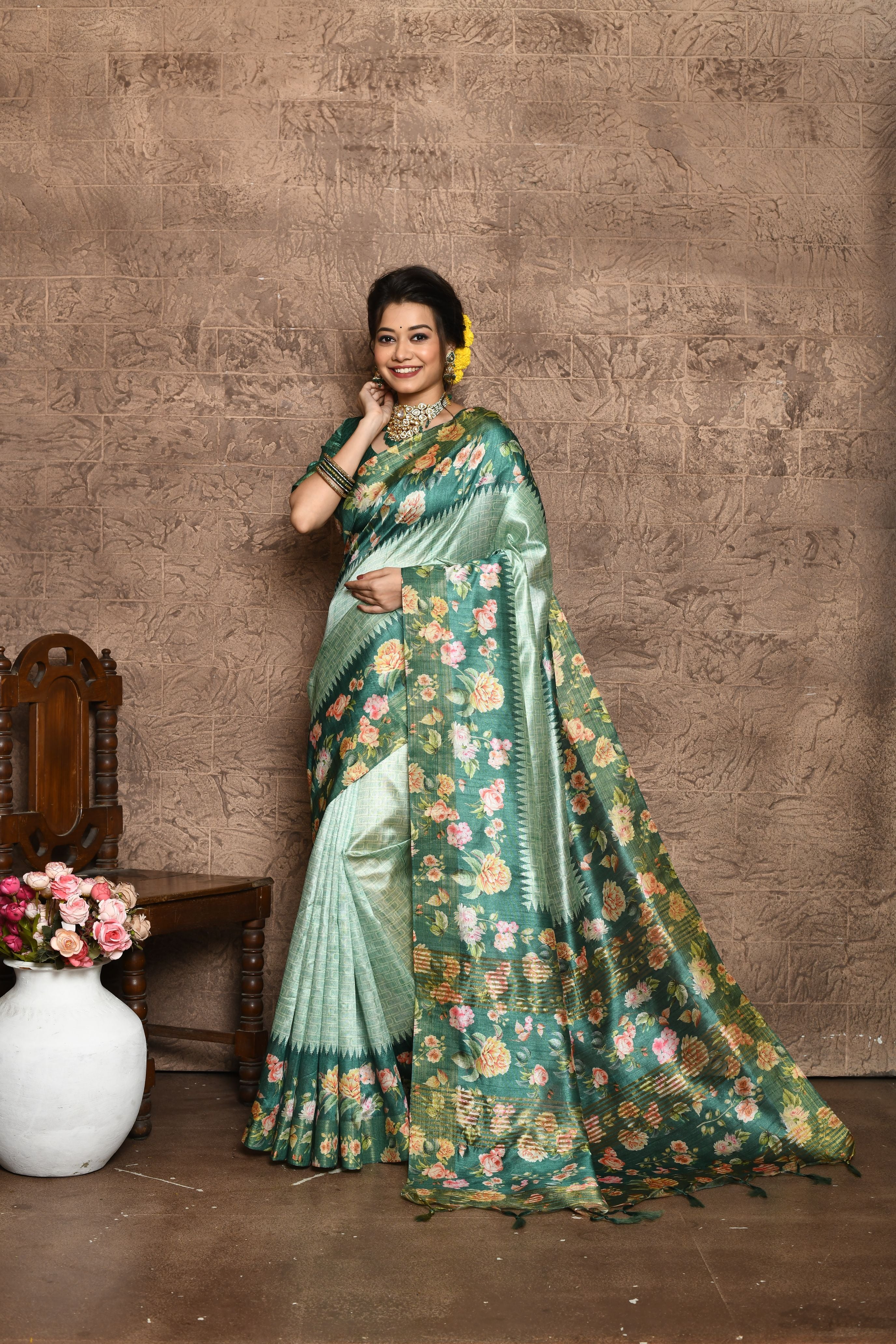 Vsaree Teal Tussar Silk Saree  Beautiful Print And Contrat Pallu And Border With Contrast Blouse